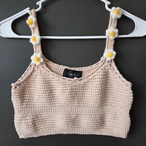 Cider Beige Crochet Knit Crop Top Embroidered Flower Straps Small Bohemian Boho
